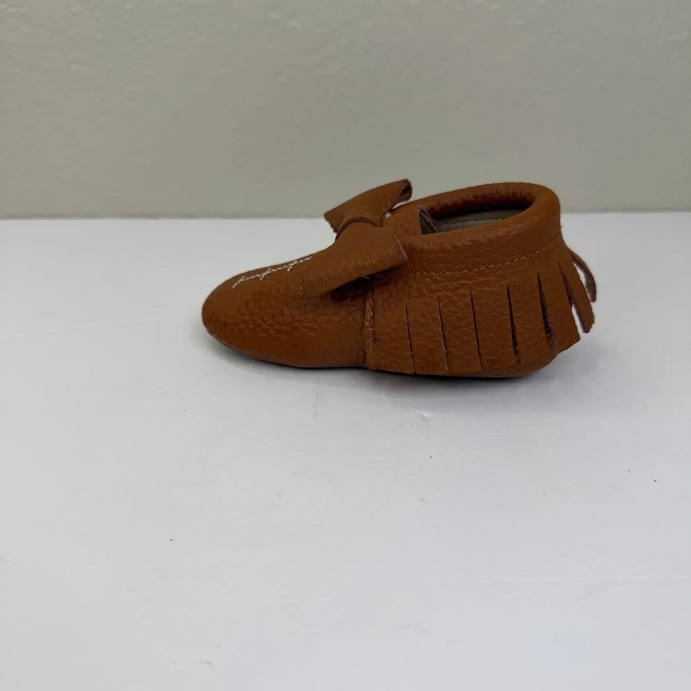 Monkey Feet Brown Baby Leather With Fringe and Bow Detail Slip-on Moccasin Shoes